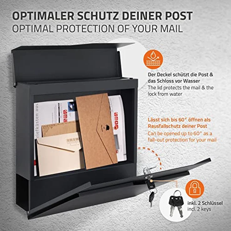 ML-Design Briefkasten Anthrazit Edelstahl pulverbeschichtet, 37x37 cm, Postkasten mit Zeitungsfach, Abschließbar 2 Schlüssel, Moderner Design Wandbriefkasten mit Zeitungsrolle, Mailbox für Wandmontage – Bild 3
