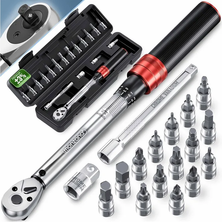 Monzana Drehmomentschlüssel (18 St), 1/4" 1-25 NM ±3% mit Verlängerung, Transportbox Fahrrad Motorrad Set