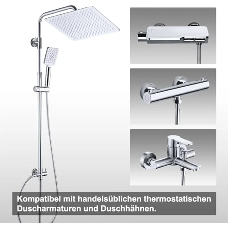 Görbach Regendusche Duschsystem ohne Armatur, Eckig 30x30 cm, Chrom, mit 3 Strahlarten und höhenverstellbarer Duschstange – Bild 5