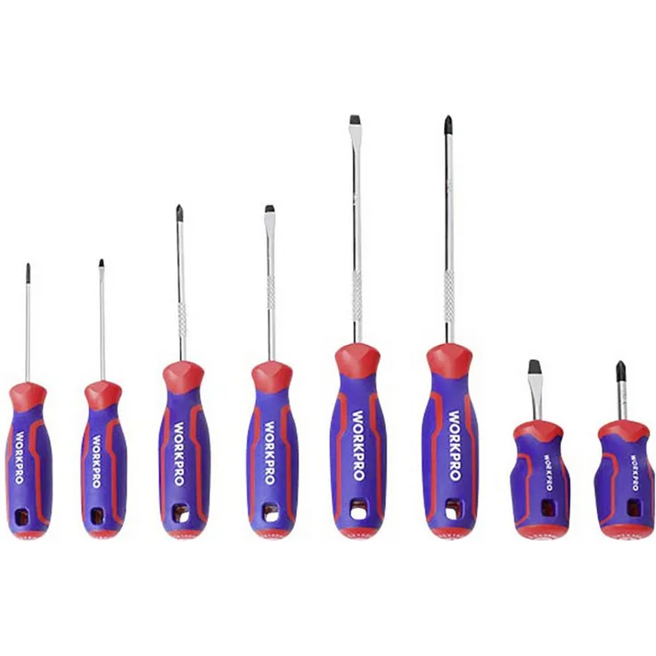 WorkPro 8 tlg Bit-Schraubendreher-Set, ergonomischer Komfort-Griff, chrom-vanadium Klinge, schwarze magnetische Spitze