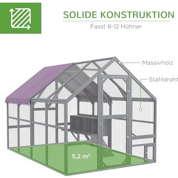 PawHut Hühnerstall Freilaufgehege aus Holz, 280 x 185,5 x 188 cm, mit Tür, Nistkasten, Dach und Rampe, für 8-12 Hühner, grau – Bild 3
