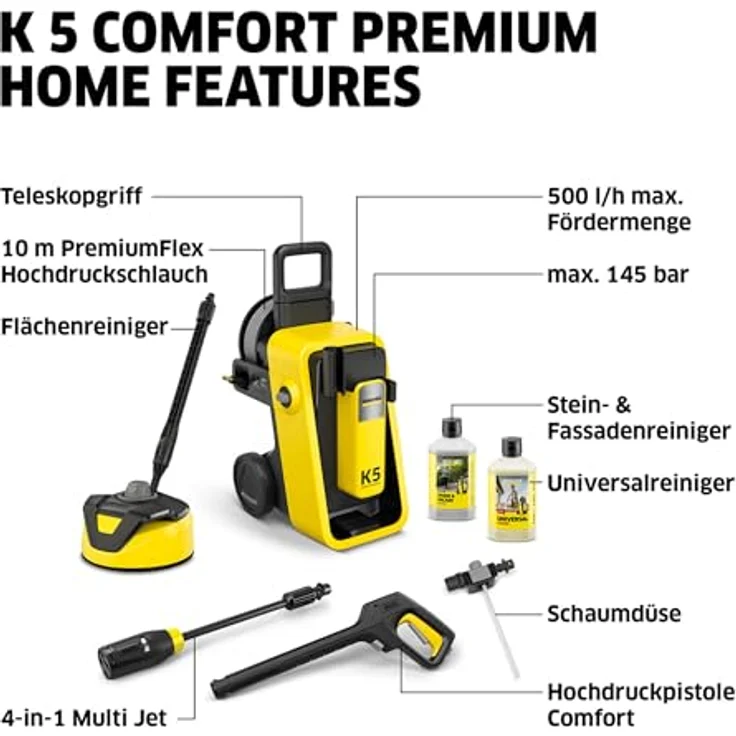 Kärcher Home & Garden K 5 Comfort Premium Home, Hochdruckreiniger mit 145 bar Druck, inkl. Flächenreiniger T 5 und Reinigungsmittel, wassergekühlter Motor, ergonomische Pistole mit G 180 Q COMFORT!Hold – Bild 8