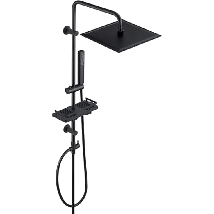 Görbach Regendusche Duschsystem XL, Edelstahl Duschset ohne Armatur, Kopfbrause 30x30 cm, schwarze Duschablage, verstellbare Duschstange