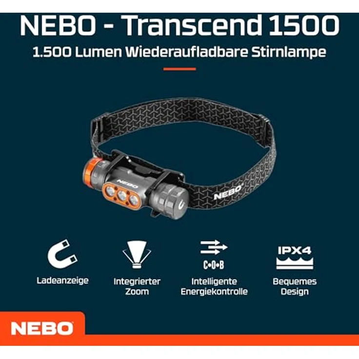 NEBO Transcend 1500 - Aufladbare Stirnlampe mit 1500 Lumen - Schwarz – Bild 2