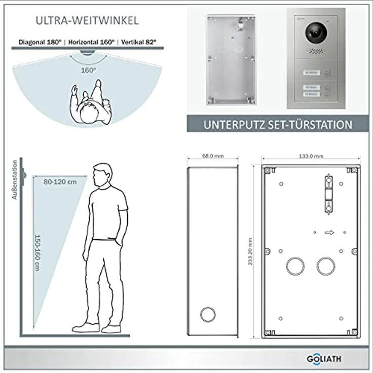 Goliath Intercom GL-HB300 2-Draht BUS Video-Türsprechanlage, Silber, HD-Kamera, Smartphone App, 3 Monitore, Fingerabdruck-Scanner, bis zu 50.000 Bilder – Bild 2