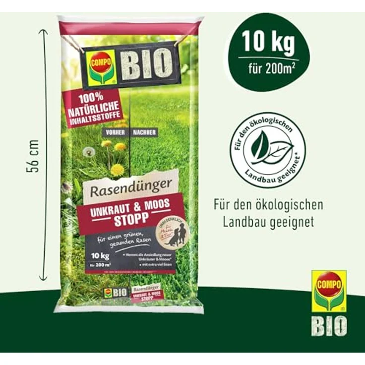 COMPO BIO Rasendünger Unkraut & Moos Stopp, 100% natürliche Inhaltsstoffe, 10 kg für 200m² – Bild 3