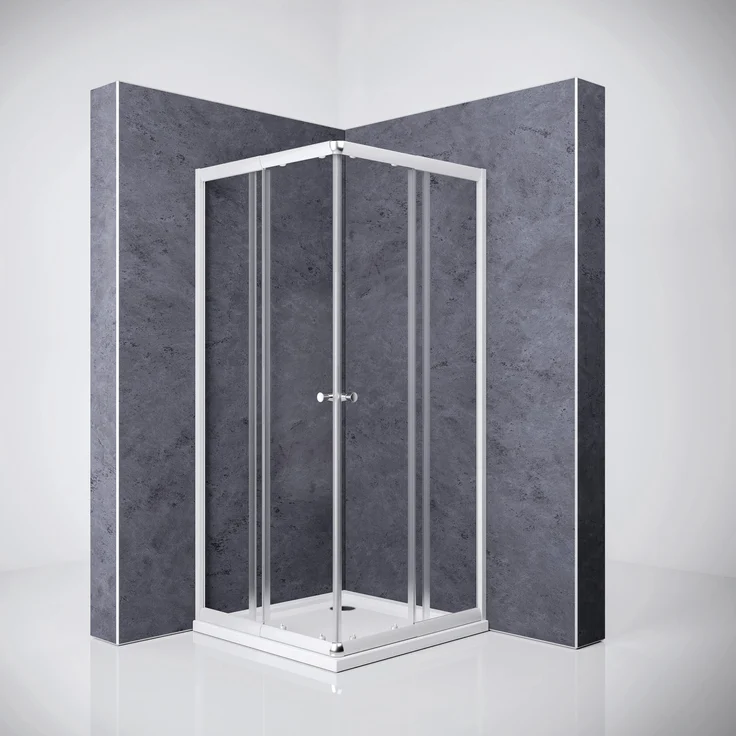 Breuer Eckeinstieg Ektos, 4-teilig mit Schiebetür aus Klarglas, Alu Silber matt, 180 cm x 90 cm, 4 mm Sicherheitsglas