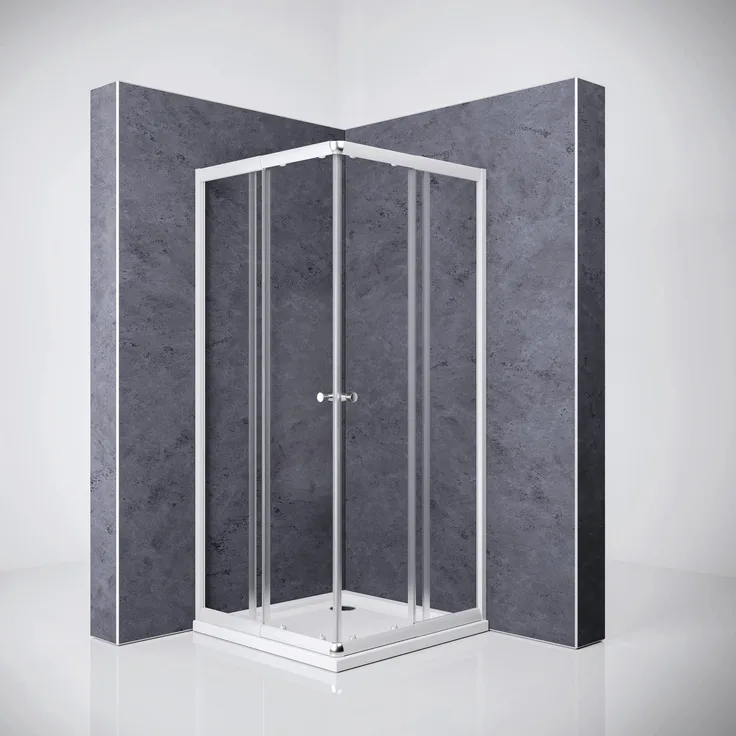 Breuer Eckeinstieg Ektos, 4-teilig mit Schiebetür aus Klarglas, Alu Silber matt, 180 cm x 90 cm, 4 mm Sicherheitsglas