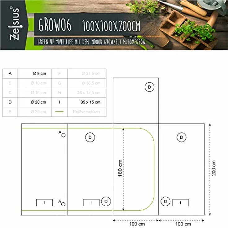 Zelsius Gewächshaus Grow Tent 100 x 100 x 200 cm grau/schwarz Pflanzenzucht Indoor, lichtundurchlässig, hochreflektierend – Bild 2