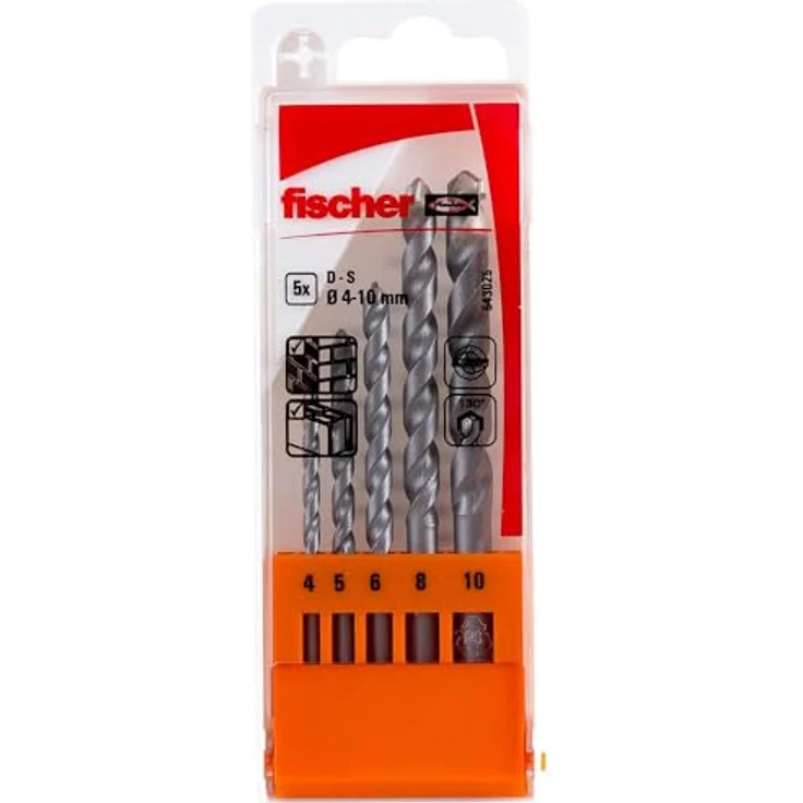 fischer Steinbohrer Set D-S 4 - 10 mm, 5-teiliges Bohrerset für Mauerwerk & Naturstein, geeignet für Dreh- und Schlagbohren – Bild 1