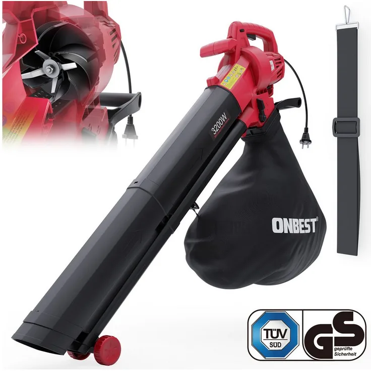Onbest Elektro-Laubbläser LV3245 3in1 Laubsauger Laubhäcksler, 10:1 Mulchen, 45L Fangsack, 3200W, Grün