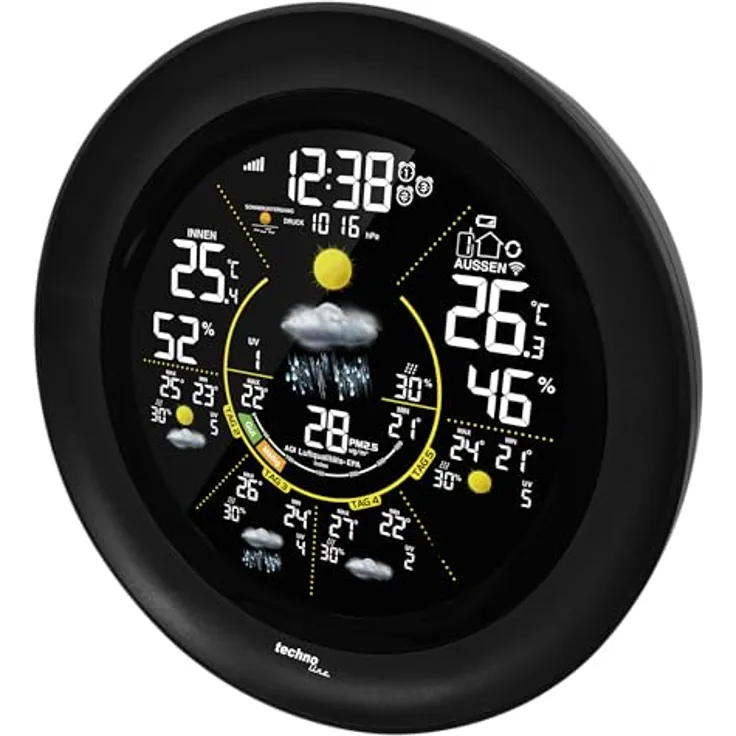 Technoline WD 3040, Wetterstation mit präzisen Temperatur- und Luftfeuchtigkeitsmessungen, schwarz, inklusive Aussensensor und Funkuhr