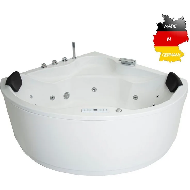 Basera® Whirlpool-Badewanne Nendo 149 x 149 cm, Indoor Eck-Whirlpool (Komplett-Set) mit 21 Massagedüsen, Wasserfall, LED, Touchpanel, Bluetooth und Radio, weiß