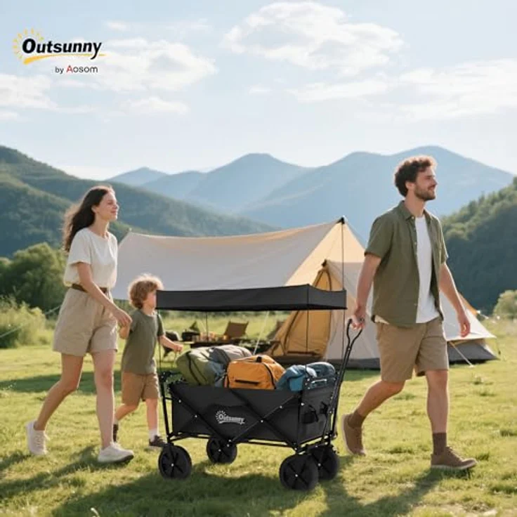 Outsunny Bollerwagen Faltbar, Transportwagen mit Sonnendach und Tragetasche, bis 100 kg belastbar, schwarz – Bild 2