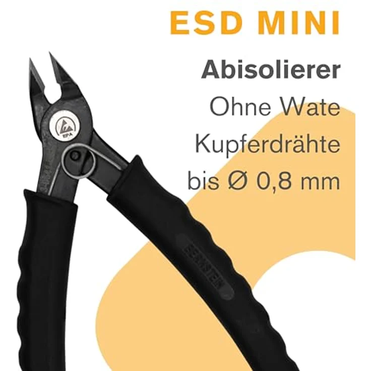 Bernstein ESD Abisolier Mini-Seitenschneider | 135 mm | Ohne Wate Für Kupferdrähte bis Ø 0,8 mm | Oberfläche brüniert | Mit Öffnungsfeder | ESD Griff schwarz 10^6 bis 10^9 Ohm – Bild 3