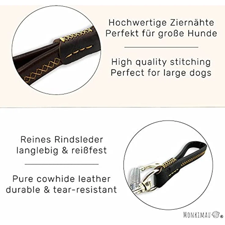 Monkimau Hundeleine aus Leder für große Hunde Leine in schwarz mit Ruckdämpfer (Schwarz) – Bild 2