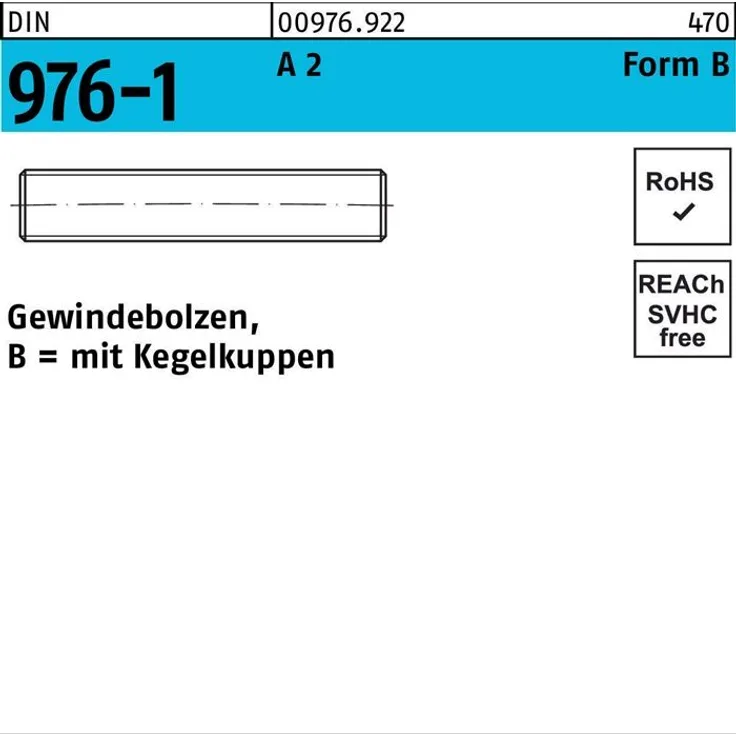 Gewindebolzen DIN 976 Keg elkuppen BM 8x 140 A 2 50 Stück