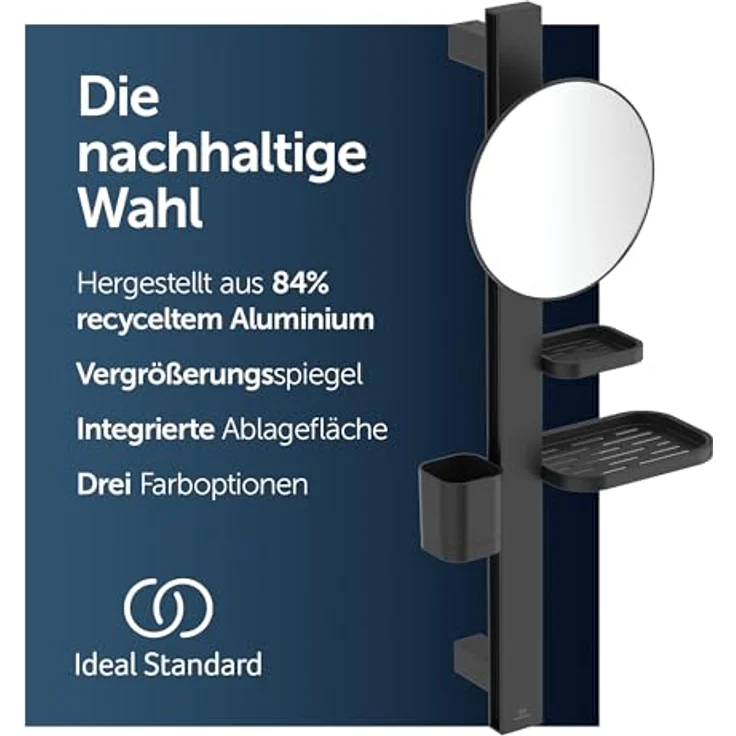 Ideal Standard Beauty Kosmetikspiegel-Set Bar, matt schwarz, höhenverstellbare Wandhalterung, inkl. 205 mm Kosmetikspiegel und herausnehmbaren Ablagen – Bild 2