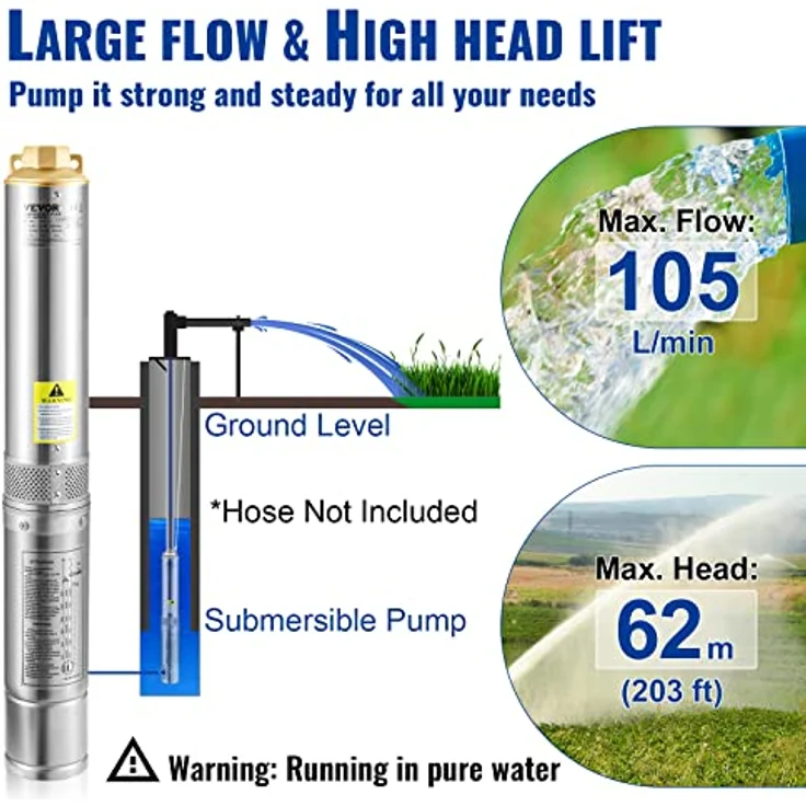 VEVOR 3,5" Tiefbrunnenpumpe 750W Brunnenpumpe 105L/min Tauchpumpe max. Förderhöhe 62m Rohrpumpe 230V 50Hz Sandpumpe IP68 Wasserpumpe mit 20m Kabel Pumpe Ideal zur Bewässerung oder Wasser-Versorgung – Bild 3