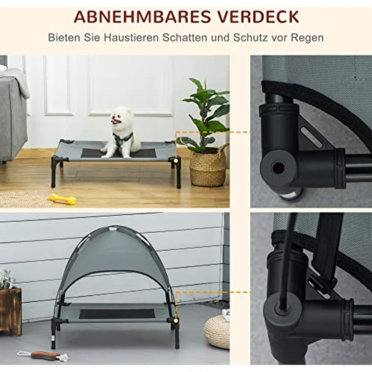 PawHut Haustierbett mit Baldachin, Erhöhtes Hundebett, Hundeliege Outdoor mit Dach, Atmungsaktiv, Taftstoff Grau 76 x 61 x 73 cm – Bild 5