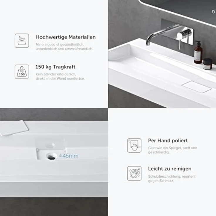 doporro Aufsatzwaschbecken Waschbecken Col19 Gussmarmor inkl. Ablaufgarnitur, Eckig, Hahnlöcher - Hochwertiges Design aus Gussmarmor, einfache Montage, Nano Beschichtung - Weiß – Bild 6