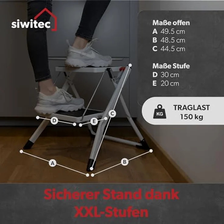 siwitec Mini-Klapptritt aus Stahl 2 Stufen Anthrazit | Kleine Trittleiter mit Anti-Rutsch-Matten | TÜV/GS Zertifiziert | 150 kg Traglast | Klappleiter – Bild 2