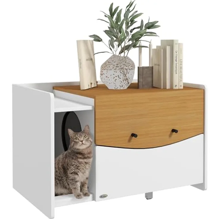 PawHut Katzenschrank für Katzentoilette, Katzenklo Schrank mit ausziehbarem Schrank, Streuauffangmatte, Katzenhaus für Indoor, Eiche