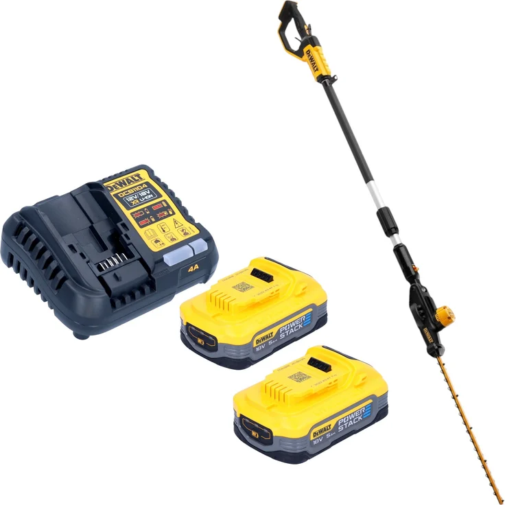 DeWalt DCMPH 566 H2 Akku Stabheckenschere 18 V 55 cm + 2x Powerstack Akku 5,0 Ah + Ladegerät, leistungsstarke Heckenschere mit laser-geschliffenem Dual-Aktion Schwert