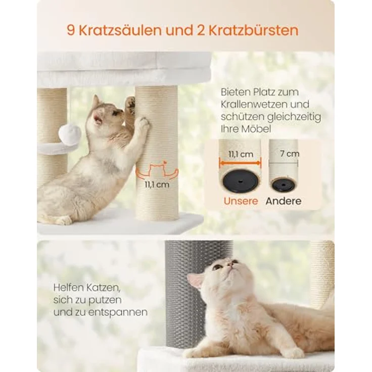 Feandrea Kratzbaum mit selbstwärmenden Decken, für große Katze, 2 Katzenbürsten, 11,1 cm dicke Stämme, große Plattformen, Höhle, 50 x 50 x 160 cm, cremeweiß-beige – Bild 4