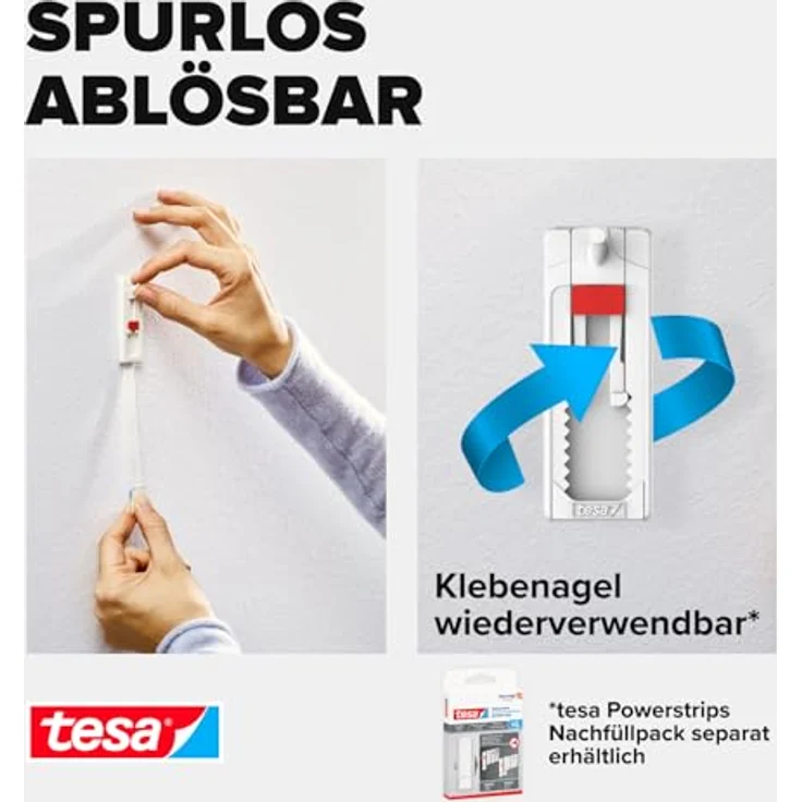 tesa Verstellbarer Klebenagel für Tapeten und Putz - Selbstklebender Nagel von tesa Powerstrips - 2 x 1 kg Halteleistung - Preisvergleich – Bild 6