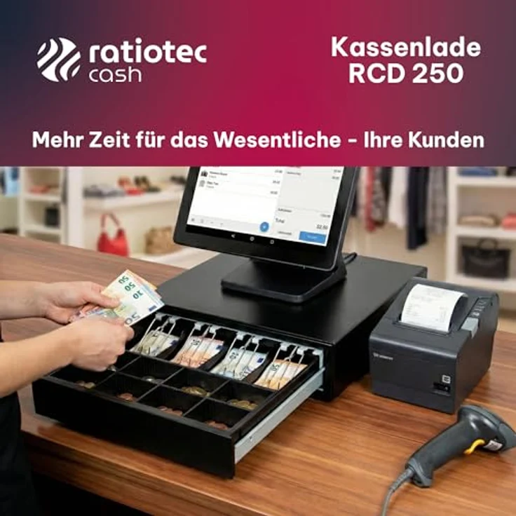 ratiotec RCD 250 Kassenschublade - Kassenlade mit 8 Münzfächern, 4 Banknotenfächern, 24V RJ-11 Anschluss, rollengelagerte Teleskopschienen, 3-Positionen-Schloss, Stahlgehäuse, 8 kg – Bild 3