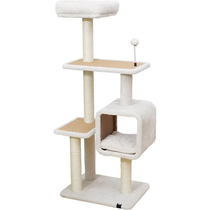 EBI Kratzbaum Nevada, Kratzbaum mit Höhle, 4 Sisal-Kratztürmen und Plüsch-Liegefläche, Farbe: creme – Bild 1