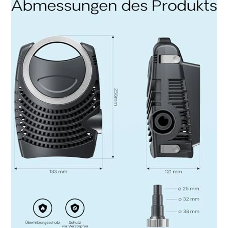 SunSun NEO-10000 SuperECO Teichpumpe, 10.000 l/h, 80 W, energiesparende Filter-, Bachlauf- und Skimmerpumpe für Gartenteiche – Bild 3