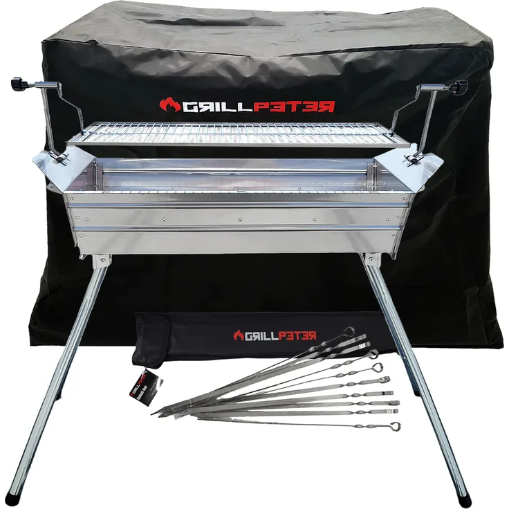 Grillpeter Mangal Ararat Edelstahl 2mm, Schaschlikgrill mit Abdeckhaube und 10 Edelstahlspießen