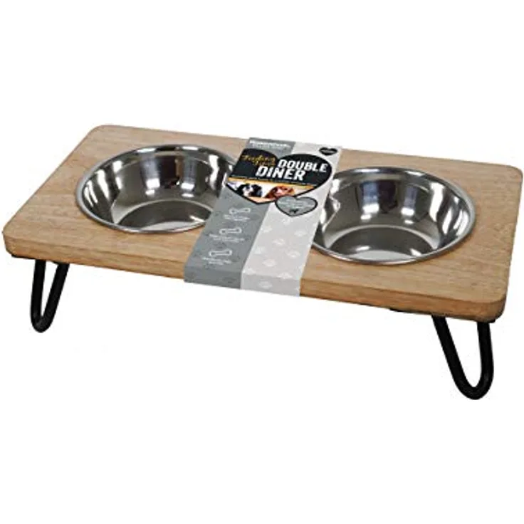 Rosewood Erhöhter Hundenapf aus Holz für kleine und mittelgroße Hunde und Katzen mit einem stabilen erhöhten Ständer und Zwei Wasser- und Futternäpfen aus Edelstahl, mittelgroß