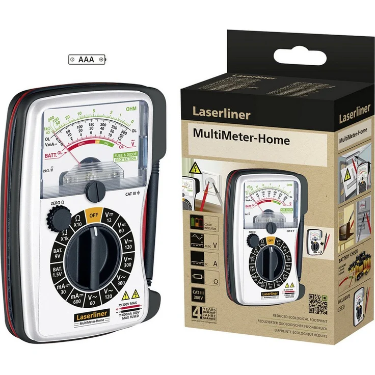 LASERLINER MultiMeter-Home Hand-Multimeter, Spannungsprüfer mit recyceltem Kunststoffgehäuse, Batterietest-Funktion, Analog-Skala