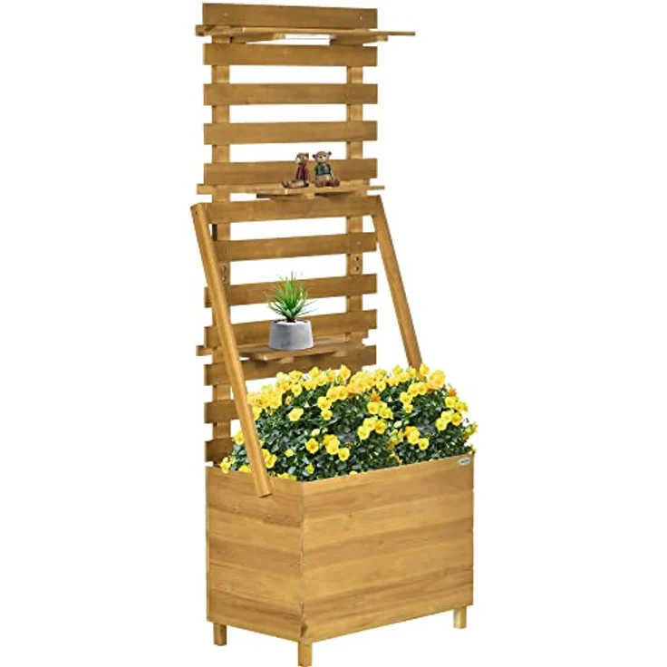 Outsunny Hochbeet mit Rankgitter, Pflanzkasten mit 3 Ablagen, Blumenkasten mit Rankhilfe, für Kletterpflanzen, Garten, Terrasse, aus Holz, Braun, 63 x 39 x 160 cm – Bild 1