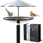 ROODZ Vogelhaus und Vogeltränke 2in1 mit Ständer - Wetterfest, Edelstahl, Designer-Vogelfutterstation, Vogelbad Stehend, Luxus Vogelfutterhaus Balkon, Silber