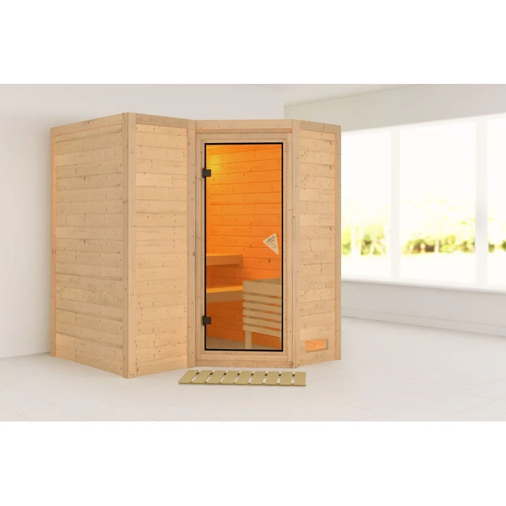 Karibu Sauna Innensauna Sahib 1 Eckeinstieg 193x184x208 cm ohne Dachkranz mit Bronzierter Tür