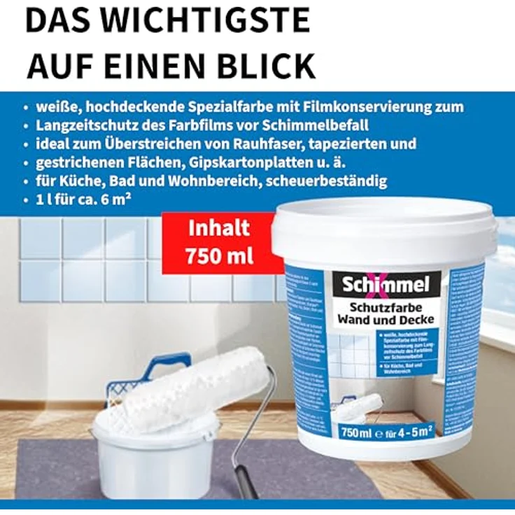 Schimmel X Schimmel-X Schutzfarbe, hochdeckende Wand- und Deckenfarbe 750 ml, weiß mit Langzeitschutz vor Schimmel – Bild 3