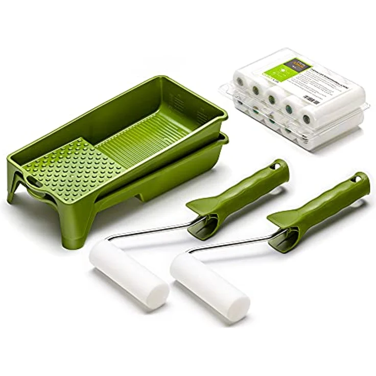 Colorus Lackierset 10 x Schaumwalze 11 cm fein, 2 x Farbroller Bügel, 2 x Farbwanne, ergonomisches Malerset für wasserbasierte Lacke und Farben – Bild 1