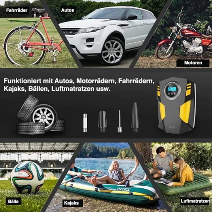 Olvy Elektrische Luftpumpe Tragbare Reifenpumpe mit 12V Motor und Digitaldisplay, schnelles Aufpumpen für PKW und Sportgeräte – Bild 3
