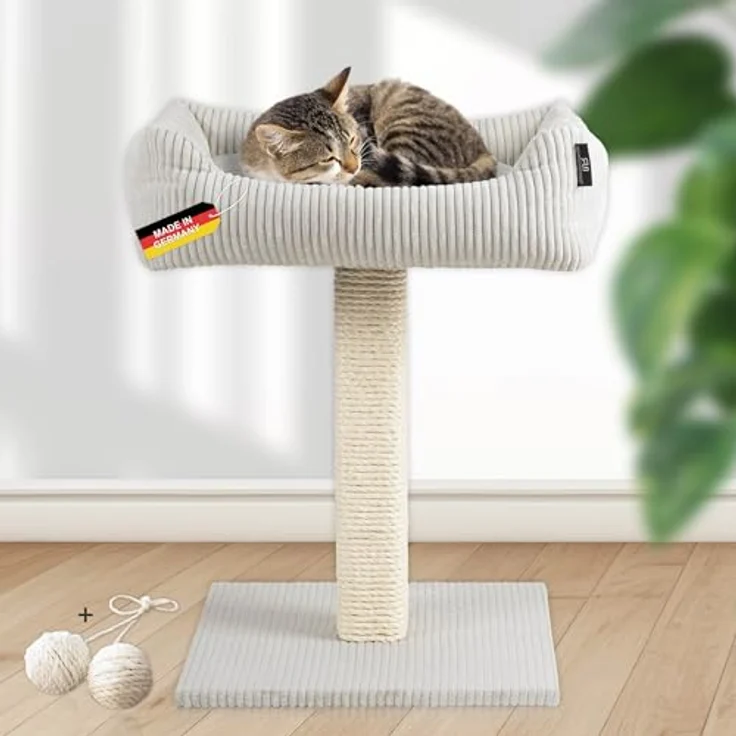 Rohrschneider Katzenbaum Wolly Made in Germany, breiter Kratzstamm mit Katzenbett Cordstoff in verschiedenen Farben – Bild 1