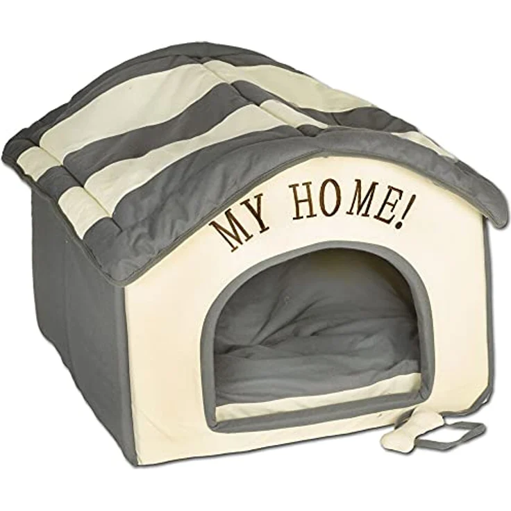 Wohnungs Hundehütte grau beige 60x60x50 cm Indoorhütte Die wunderschöne, plüschig-weiche Stoffhütte mit My Home- Stickerei ist EIN idealer Rückzugsort für kleine Hunde – Bild 1