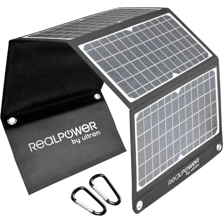 RealPower SP-30E, Mobiles Solarpanel mit 30 W, USB-A und USB-C Ports, IPX5 Spritzwasserschutz