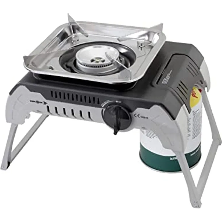 Brunner Campingkocher, tragbarer Gaskocher mit klappbaren Beinen, 2,4 kW Leistung, inkl. Kunststofftransportbox, Edelstahl-Rost