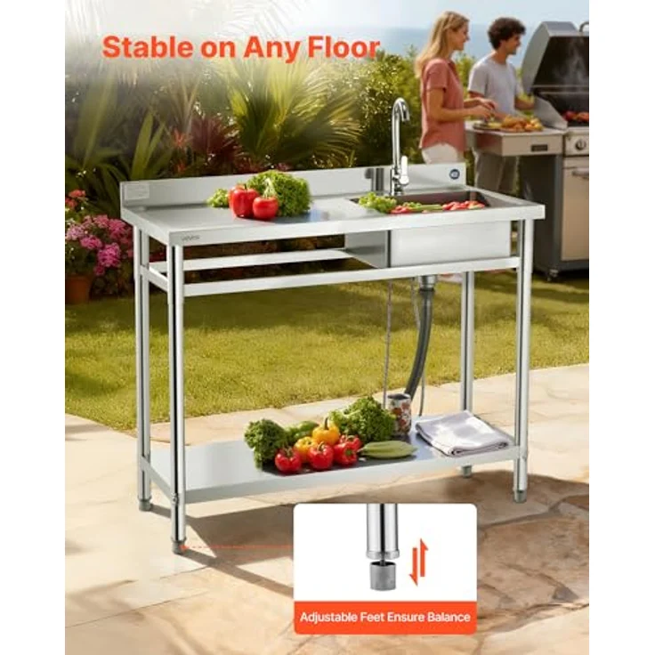 VEVOR Edelstahl Spültisch mit Wasserhahn, Einzelbecken (120 x 50 x 94 cm), 3-in-1 Multifunktionsdesign für Küche, Garage & Restaurant, verstellbare Ablage – Bild 6