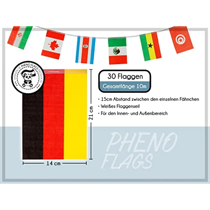 PHENO FLAGS Flagge Flaggenkette 10 Meter Girlande Fahnenkette Wimpelkette Deko, stabile Schnur, bunt – Bild 3