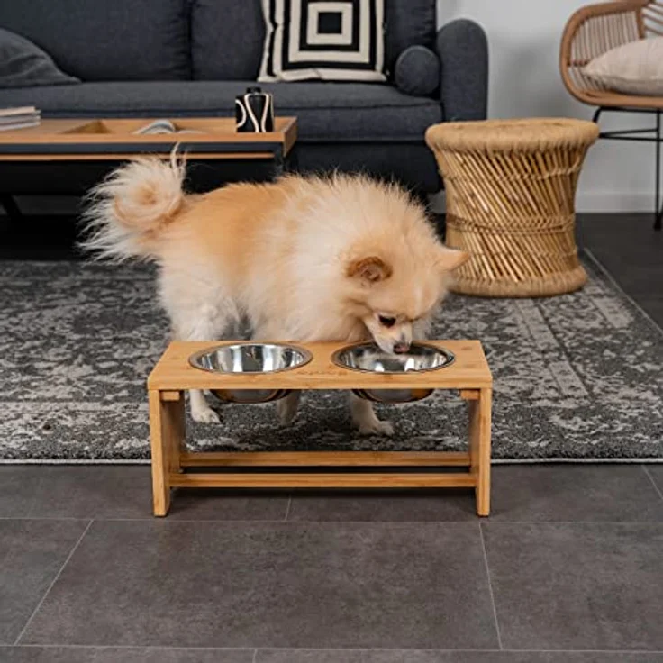 lionto erhöhter Hundenapf Futterstation für Hunde Futterbar für Haustiere aus Bambus 2 Näpfe aus Edelstahl rutschfest, (M) 44x20x19 cm – Bild 2