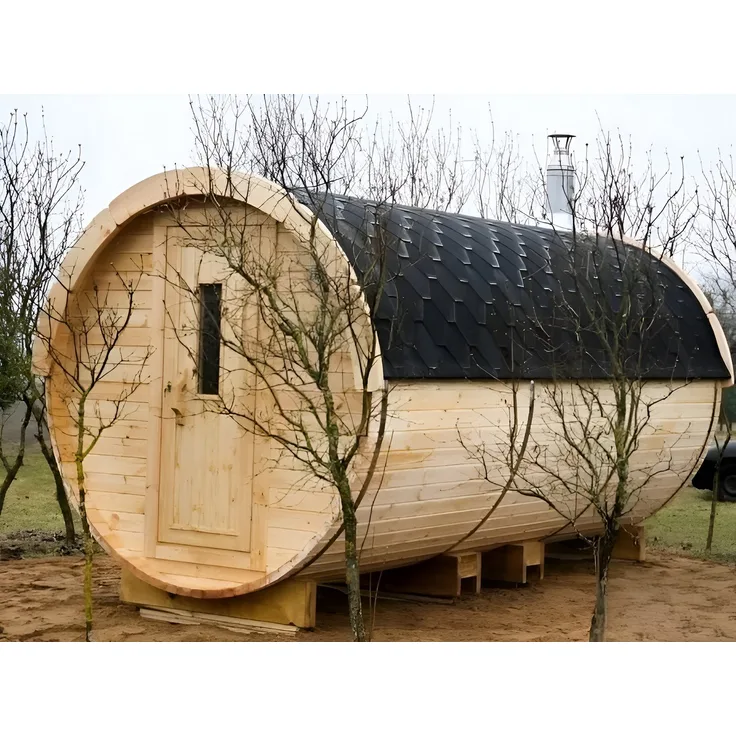 JVmoebel Fasssauna Barrelsauna, Holz in Braun mit Edelstahl-Elementen, 10 Liegeplätze, Made in Europe